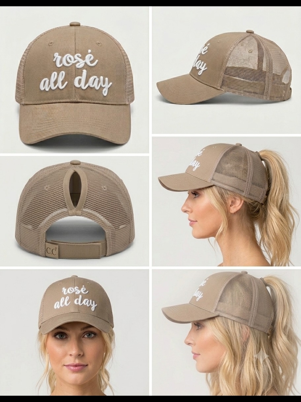 Rose' all day. Tan Mesh Ponytail Baseball Cap with White Embroidery (D-1)